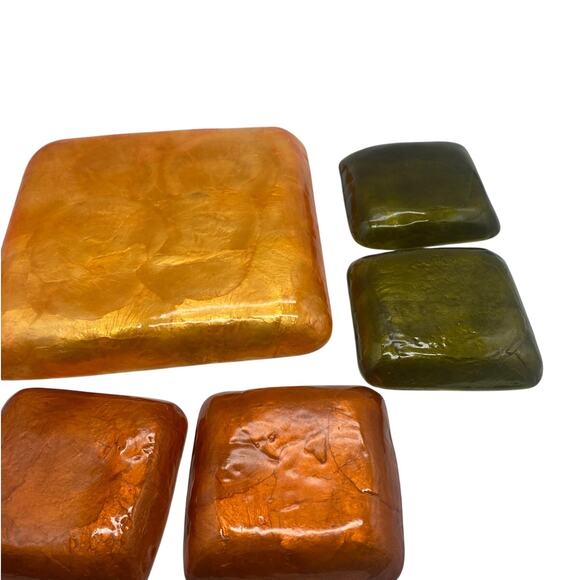 Vtg set 5 pc COLORIZED CAPIZ SHELL tray & plates.Orange,Green,Gold Mascagni look - Picture 8 of 9
